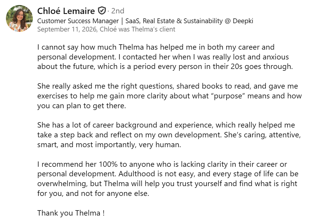 LinkedIn recommendation for Thelma Linda Hurtis from Chloé Lemaire, Customer Success Manager